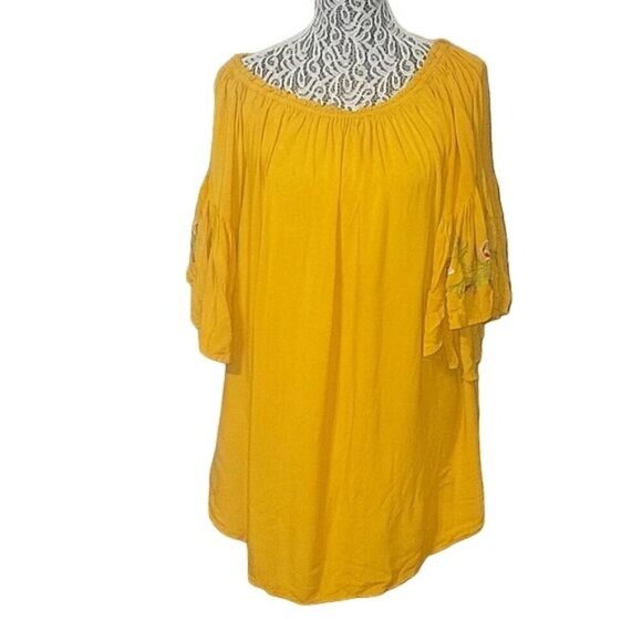 FEATHERS‎ Plus Size 1X Yellow Embroidered Floral Bell Sleeve Blouse Bohemian - Picture 1 of 6